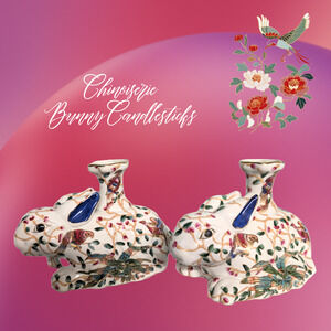 Chinoiserie Bunny Candle Holders Set Floral Art Birds Numbered Large 6 x 10